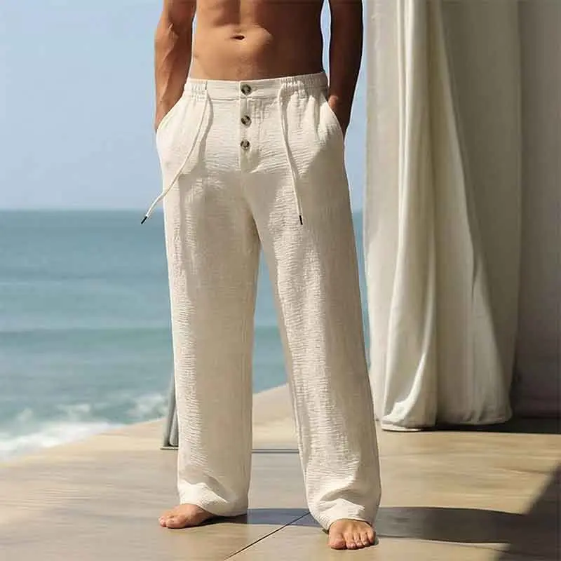 Men’s Crinkled Texture Wide-Leg Loungewear Pants - Lightweight Menswear Trousers with Drawstring, Button Detailing, Versatile for Travel and Home, Summer Mens Clothes, Natural, Vibe