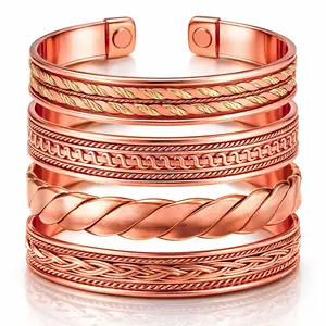 4-Pack Adjustable Magnetic Copper Bracelets for Men and Women – Pure Copper Material, Classic Design, Comfortable Fit, Stylish Everyday Wear Multilayered Bangles