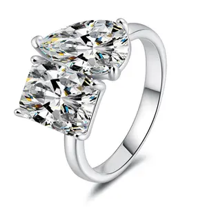 Loysun Two-Stone Open Ring, Pear & Square Cut VVS1 Moissanite, 925 Sterling Silver, Anniversary & Birthday Gift for Her