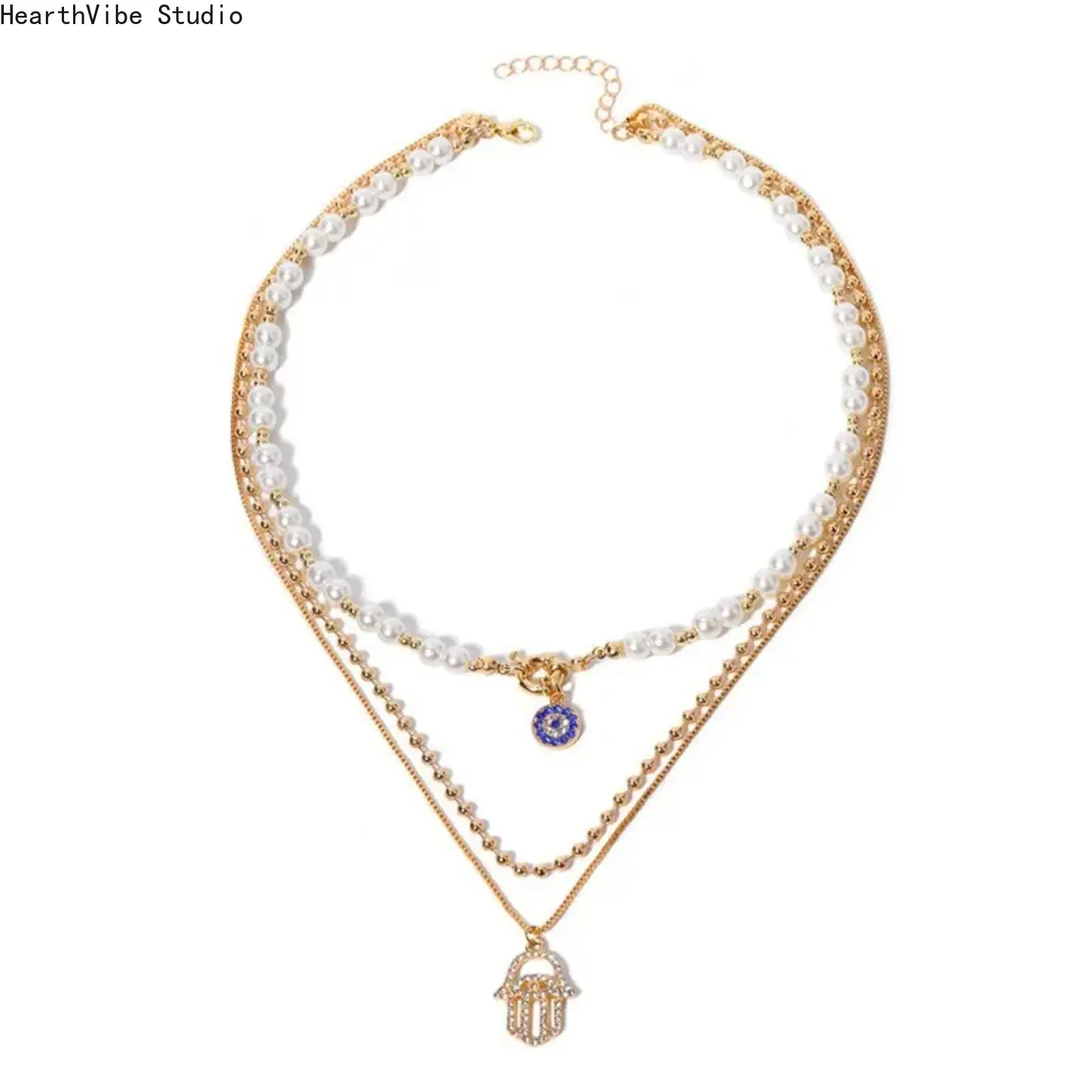 Women's Bohemian Multi-Layered Beaded Pendant Necklace - Gold-Plated Chain, Artificial Pearl, Evil Eye & Hamsa Hand Ethnic Charm, Exquisite Sports & Outdoor Accessory, Boho Charm Jewelry Gift for Daily Use, Exquisite Jewelry Gift