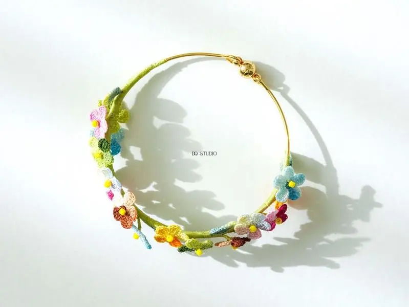 Whispering Petals Micro Crochet Soft Garden Bracelet Handmade Floral Cuff Bracelet French Romantic Wrist Cuff Gift for Her