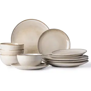 Ceramic Dinnerware Sets for 4, 12 count Handpainted Stoneware Plates and Bowls Set, Scratch Resistant Dishes Set, Dishwasher & Microwave Safe, Cappuccino