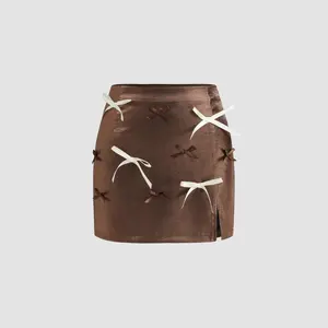 Cider [size 2-10] Satin Mid Rise Solid Bowknot Split Mini Skirt
