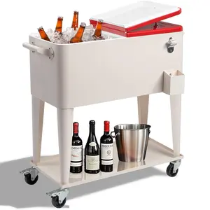 80 Quart Rolling Drink Cooler Ice Bin Chest on Wheels, Portable Patio Party Bar Cart with Shelf and Bottle Opener outdoor freezer