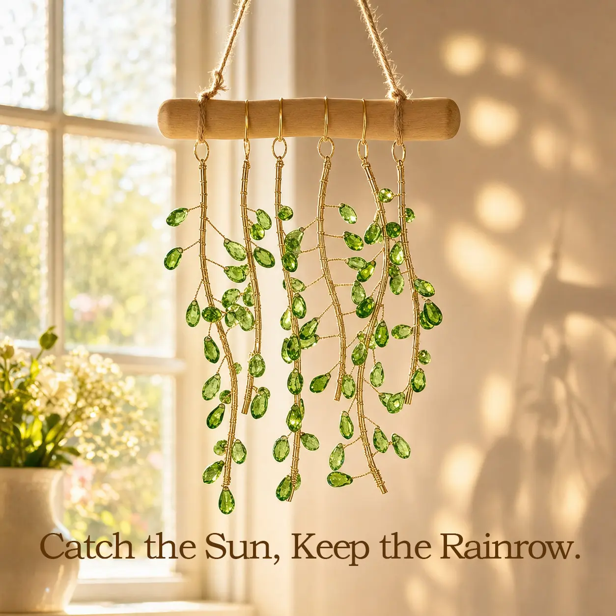 Handmade Green Crystal Wooden Suncatcher - Rustic Nature Hanging Decor, Faux Ivy Wall Decoration with Crystal Glass Beads, Real Wood, Indoors Window Rainbow Light Catcher, Garden Ornament, Thoughtful Gift Idea