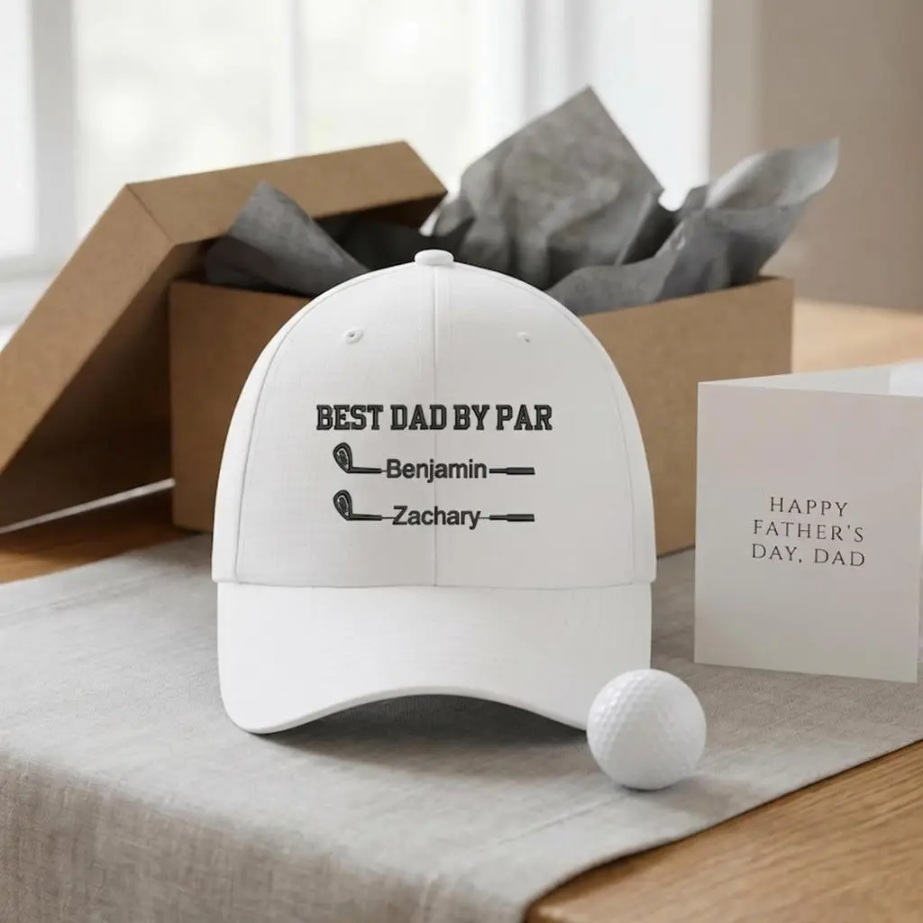 Best Dad By Par Personalized Golf Embroidered White Dad Hat | Custom Kids Names Father Golfing Gift | Funny Golf Dad Baseball Cap Adjustable Unisex