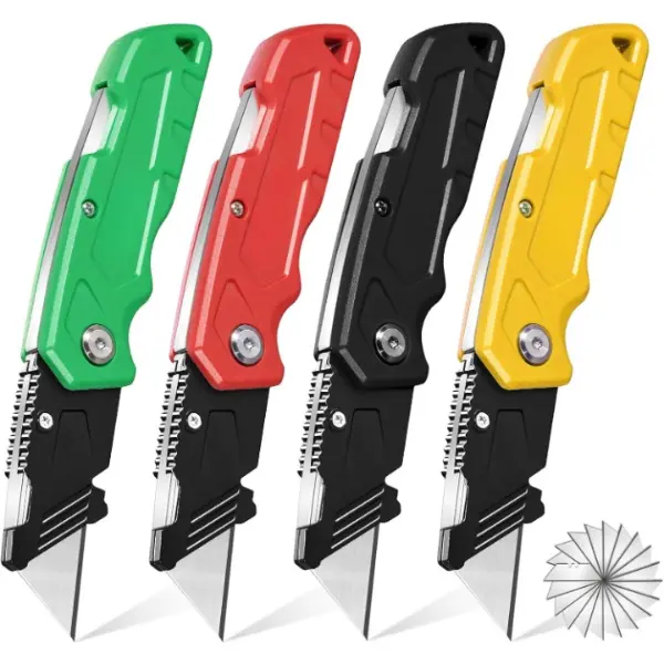 Heavy Duty Foldable Box Cutter Knives 4-Pack with 20 Stainless-Steel Razor Blades - Ergonomic Handle, Easy Blade Change - Ideal for Cutting Cartons, Leather - Practical Gifts for Adults, Stainless-Steel Blade