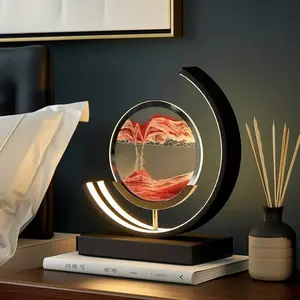 Hourglass Table Lamp, Moving Sand Art Picture 3D Glass Deep Sea Sandscape LED Desk lamp, Flowing Sand Frame Desktop Ornaments Quicksand Painting