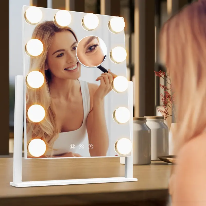 Hollywood Vanity Mirror with Lights: 9/12 Dimmable Bulbs, 3 Color Modes, Smart Touch Control, 360° Rotation, Elegant Decor. 3 Models:9-lamp mirror (without magnifier) /9-lamp mirror (with magnifier) /12-lamp mirror (with magnifier)