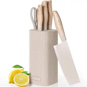 6-Piece Modern Kitchen Cutlery Utensils Set - High Carbon Rust-Resistant Stainless Steel Knives, Khaki Wood Grain Handles, Dishwasher-Safe Square Block, Ideal for Cutting Tasks, Housewarming Gifting