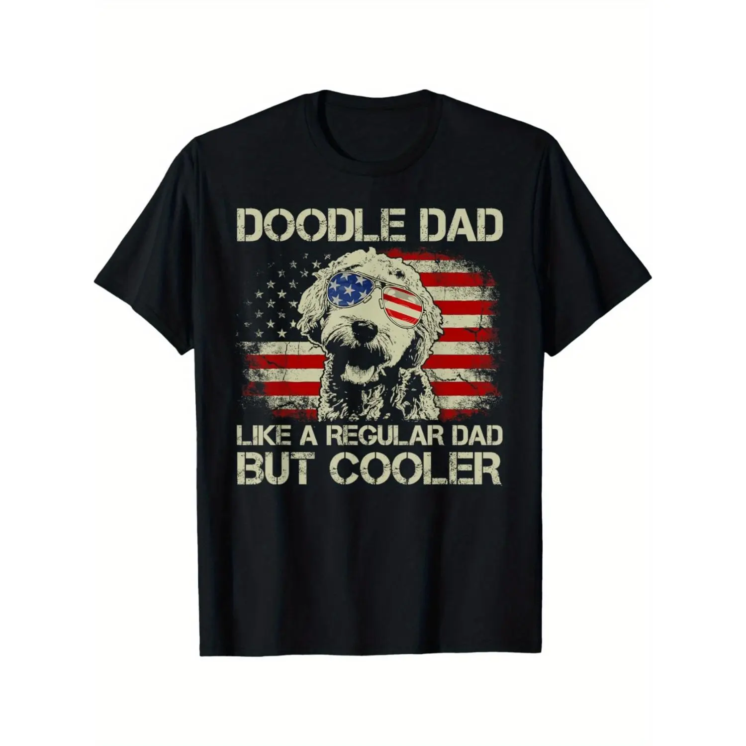 Doodle Dad Goldendoodle American Flag Cotton T-shirt Mens Fashion Black Pattern 100 Percent Breathable Super Soft Crew Neck Short Sleeve Suitable for All Seasons Regular Dad Humorous Printing Running Classic Style
