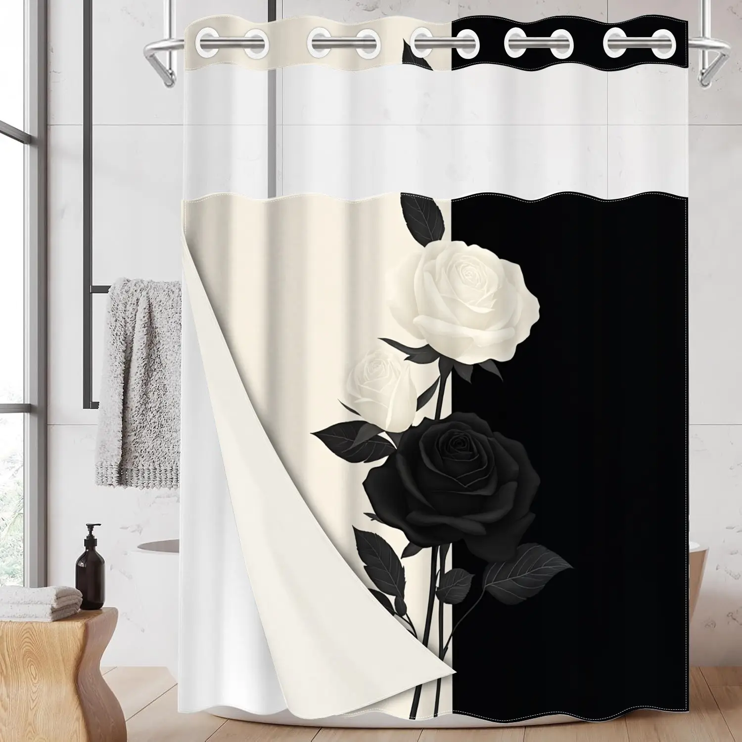 1pc hookless bathroom Printed shower curtain with buckle lining, black and white rose and leaf design 2D printing, fabric waterproof lining, see-through double-layer shower curtain, 71 x 74 inches, home curtain decoration, Bathroom curtains shower