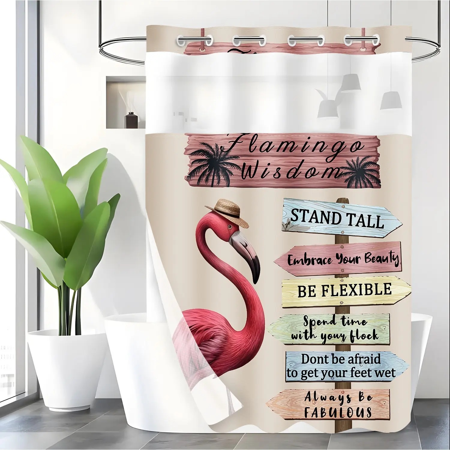 LVRLVR 1pc Tropical Flamingo Beach Shower Curtain with Inspirational Wisdom Quotes, Sheer Top Window, Detachable Liner & No Hook C-Ring, 70.8" x 74"