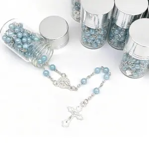Rosary / rosarios - Blue Beads with Silver Cross and Heart Design