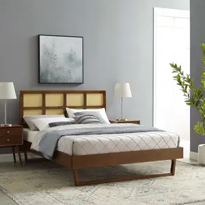 Modway Sidney Cane and Wood Queen Platform Bed With Angular Legs in Walnut