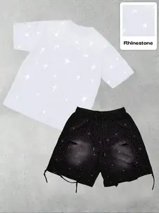Men's Trendy Full Drill Craft Snowflake Spray Cut Sport Shorts Set, Casual Fitted Letter Pattern, Plain Style, No Ca Prop 65
