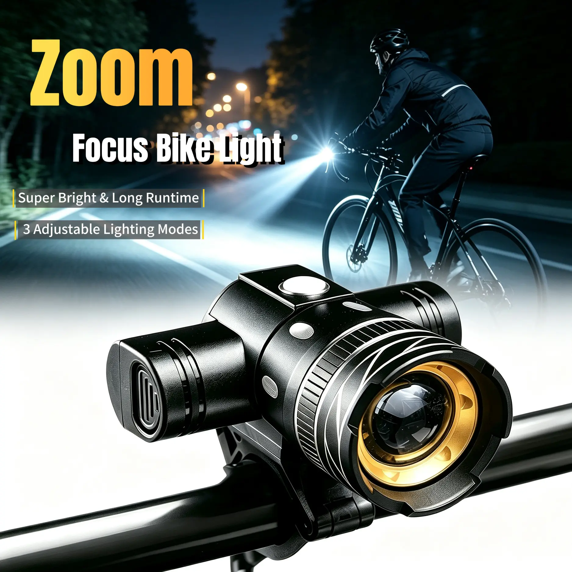 Rechargeable Bicycle Headlight with 3 Modes 18650 Battery Aluminum Alloy Shell Waterproof Rotatable Beam USB Charging Night Riding Light Visibility