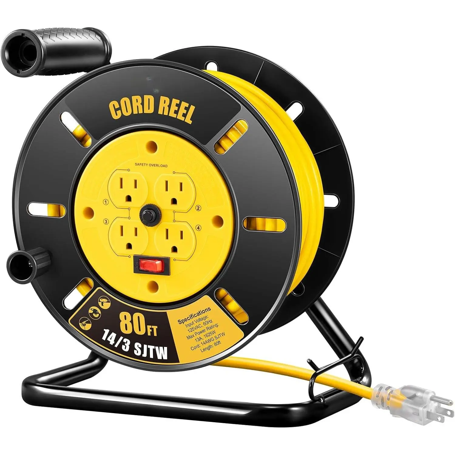 Retractable Extension Cord Reel, 80FT Heavy Duty Open Cord Reel for Indoor Outdoor, 14/3 AWG SJTW, 4 Grounded Outlets, 13 Amp Circuit Breaker,Handle Rewind, Metal Stand, ETL Listed