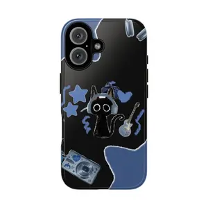 Cute Black Cat Tough Phone Case – Kawaii Music Theme with Headphones, Guitar & Stars on Black Background, Gift for her, Gift for him, Protective
