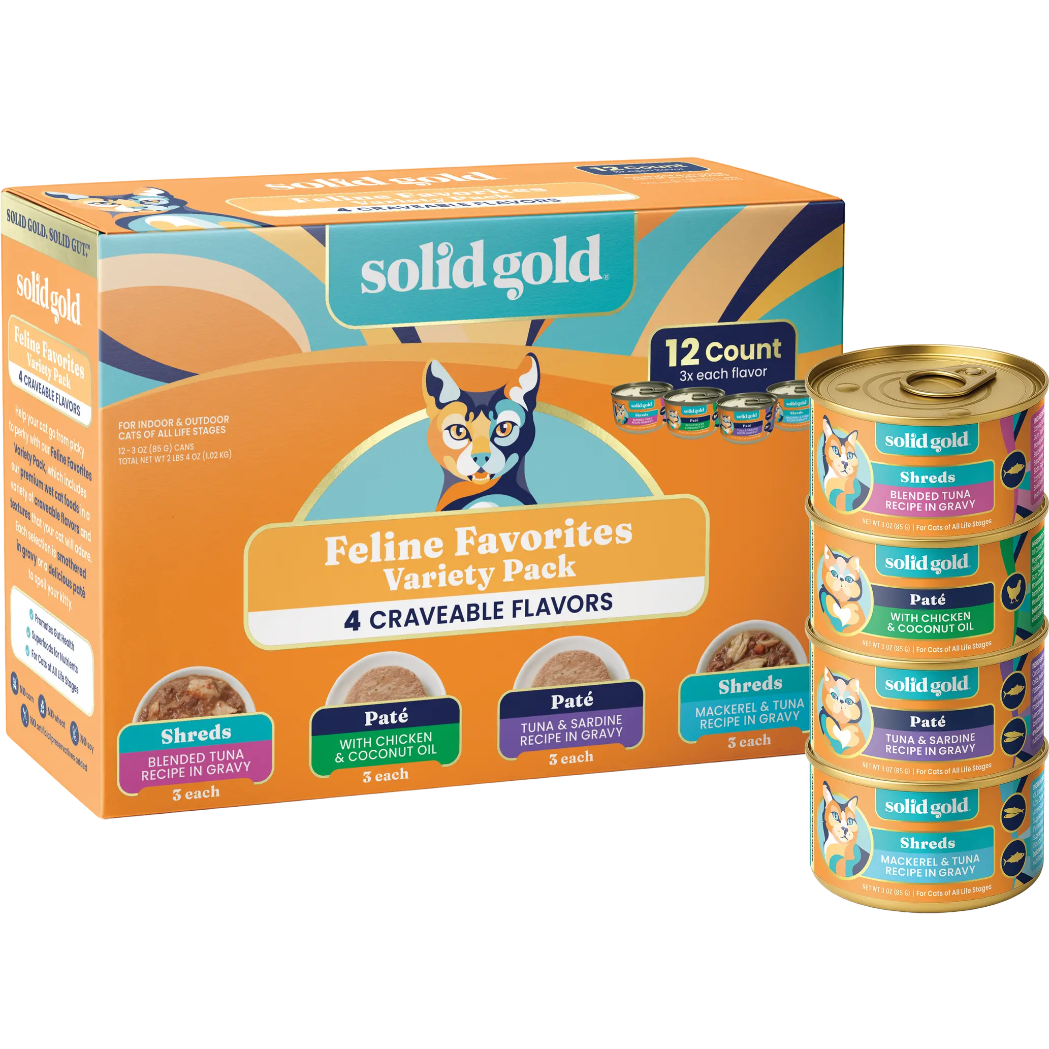 Solid Gold Feline Favorites Wet Food Variety 12 Pack for Cats Fish Assorted Flavors & Textures Complete Balanced Diet