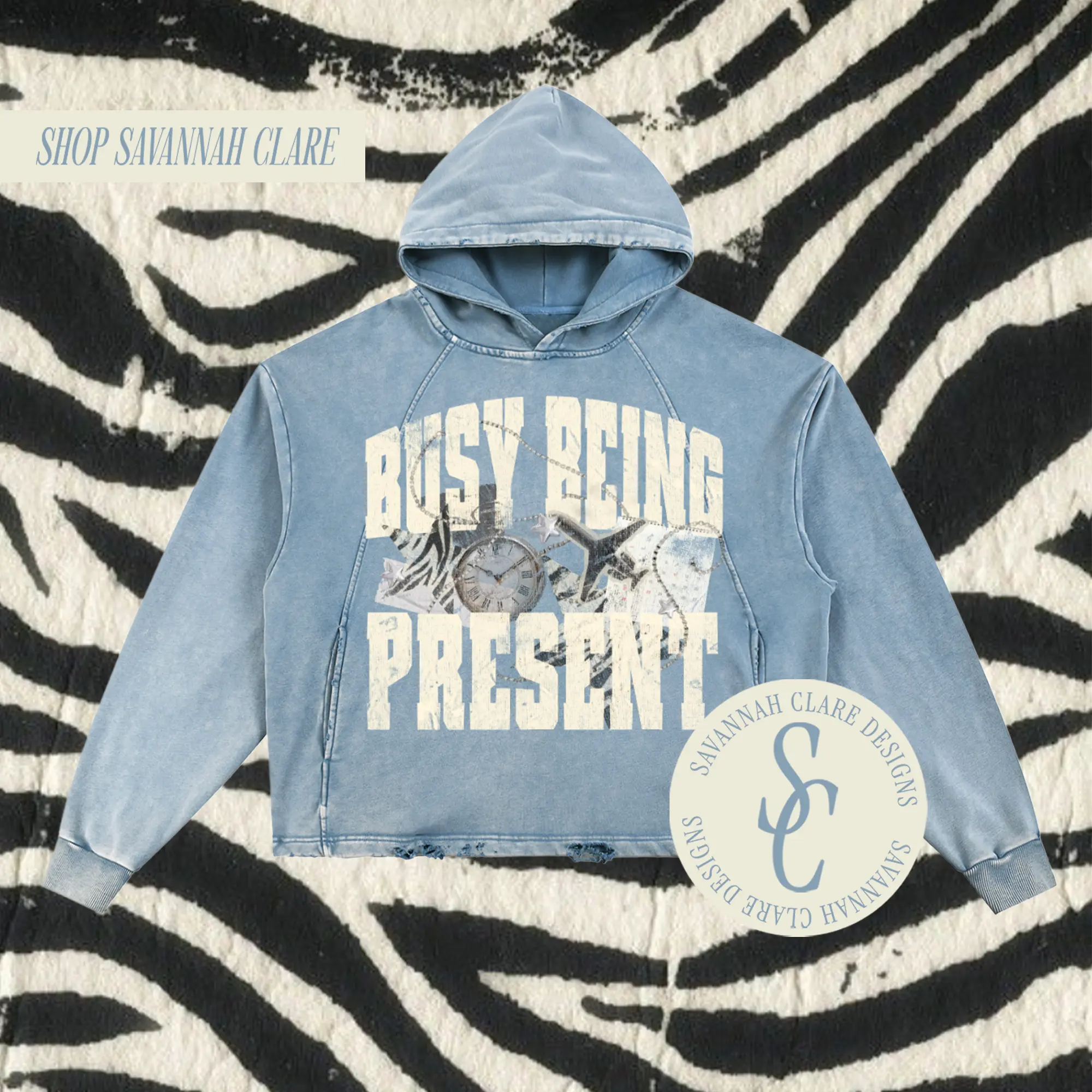 "BUSY BEING PRESENT" Vintage Wash Distressed Boxy Hoodie