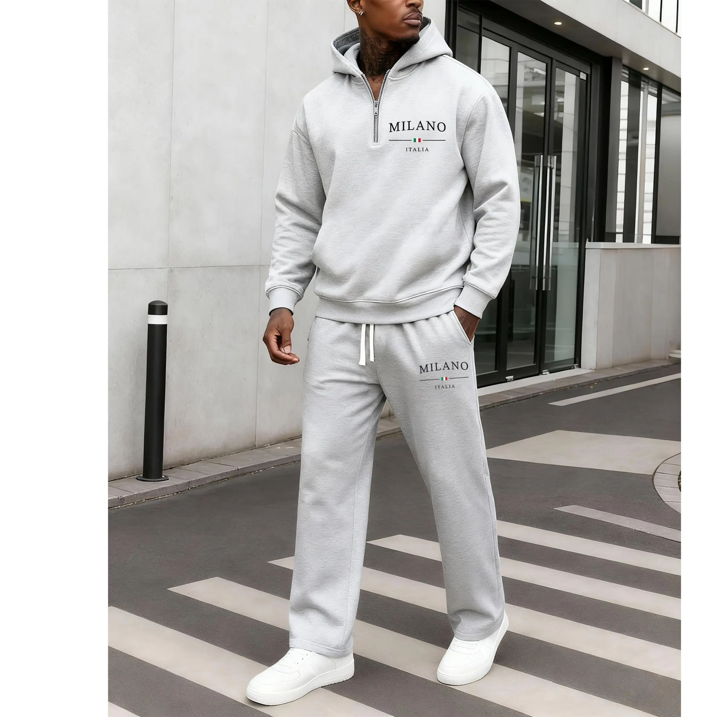 Men's Milan Letter Print Zipper-Collar Hoodie & Drawstring Sweatpants Set, Menswear, Casual Athletic Long Sleeve Hooded Jacket & Trousers for Fall & Winter, Men's Clothing for Daily Wear, Sportswear for Indoor & Outdoor, Tracksuit, Athleisure