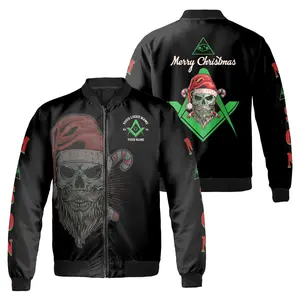 Personalized Masonic Merry Christmas Skull Wearing Santa Hat Bomber Jacket S-5XL