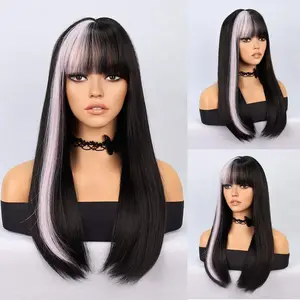 Black & Pink Ombre Wig with Bangs for Women - Long Straight Synthetic Heat Resistant Hair, Natural Looking, Perfect for Daily Wear, Parties, and Halloween Cospla