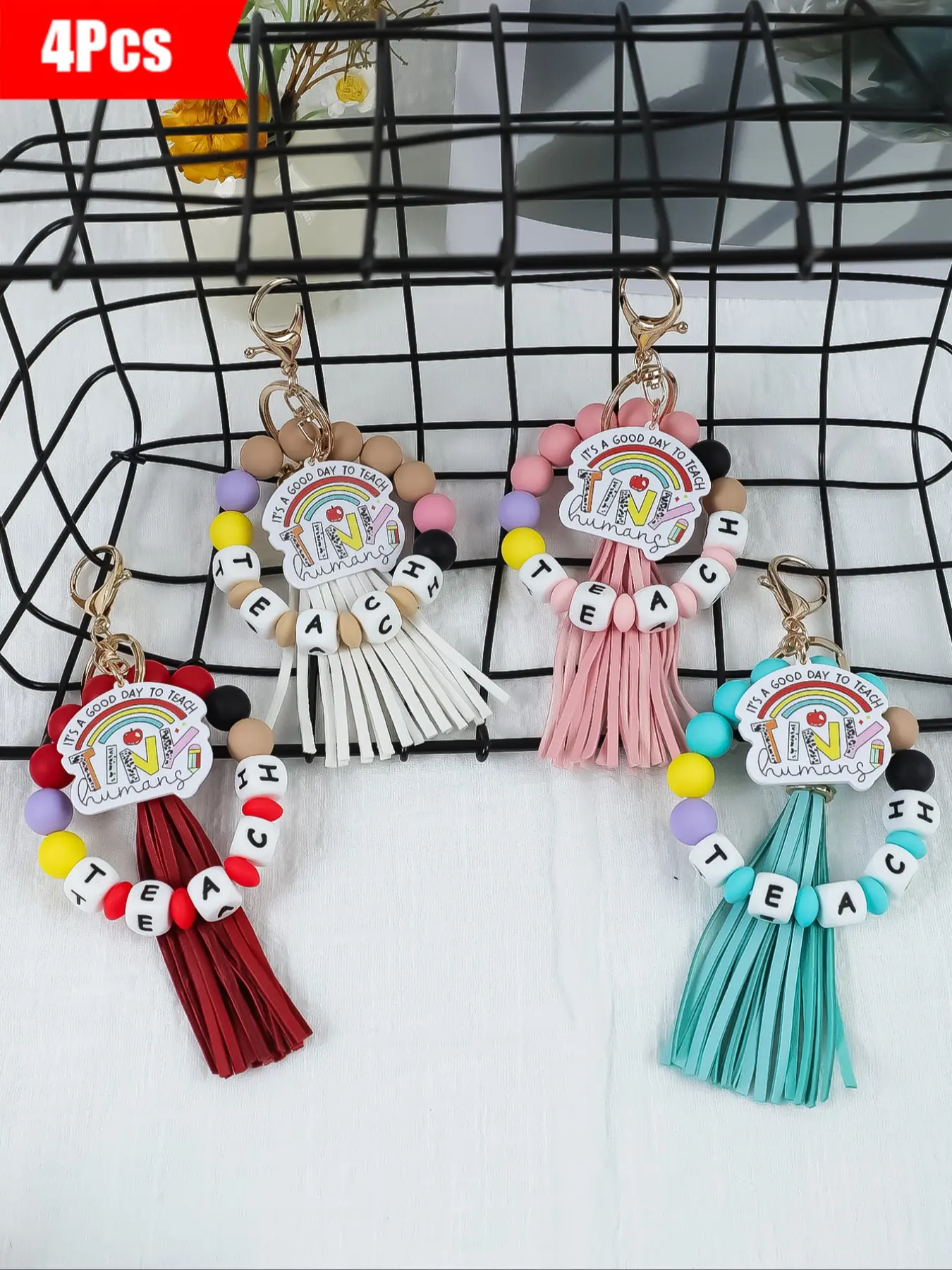 4-Piece Colorful Beaded Fringe Keychain Set with Silicone 'TEACH' Letters, Cute Bag and Car Key Charms, Teacher Appreciation Gift, Keychain Accessory
