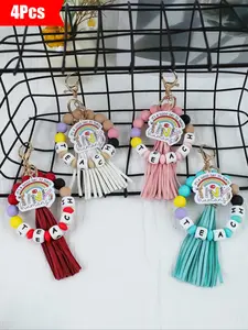 4-Piece Set Colorful Beaded Fringe Keychains with Silicone Letter Teach Design, Women's Bag Charm Car Keychain Gift for Teachers, Cute Charms Keychain, Perfect Teacher Appreciation Day Present