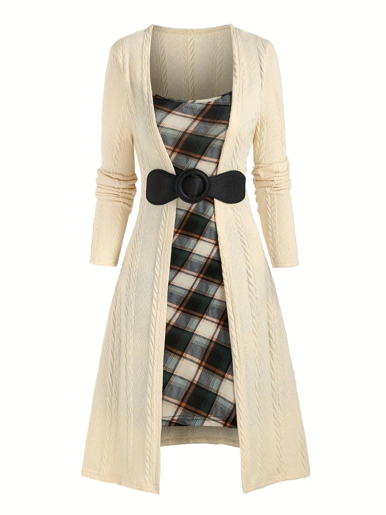 Elegant Women's Plaid Check Knit Long Sleeve Dress, Fall & Winter Fashion, Slim-Fitting Casual Style, Moderate Fabric Thickness, New Arrival, Casual Chic Fitted