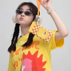 Cute Checkered Sunglasses Case, Elastic Eyewear Storage Bag with Woven Strap, Funny Expression Portable Coin Purse for Women