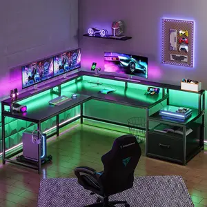 Sikaic 66 Inches L Shaped Corner 2 Person Gaming Desk With File Drawer Power Outlet Led Lights Monitor Shelf