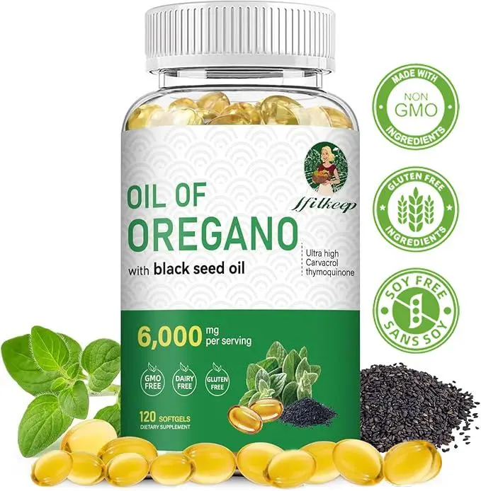 Oregano Oil Dietary Supplement (6000 mg Per Serving) with Black Seed Oil - Non-GMO, Gluten-Free - Immune Support - 120 Count - Anti-Inflammatory, Natural Herbal, Digestive, Gastrointestinal Blended Vitamins and Minerals Supplements, Anti-Inflammatory Blen
