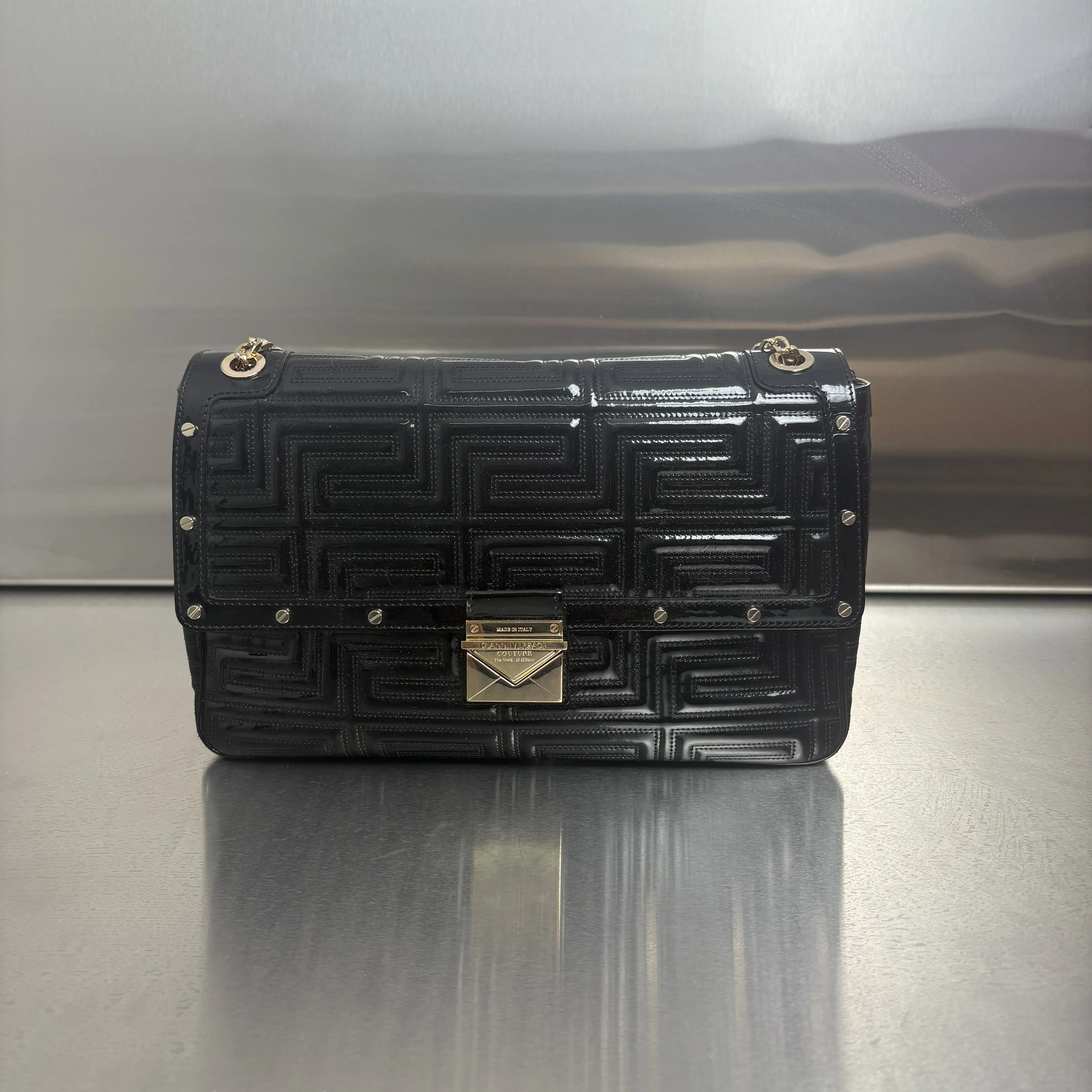 Pre-owned Patent Leather Crossbody Bags Versace Couture Black Quilted Patent Leather