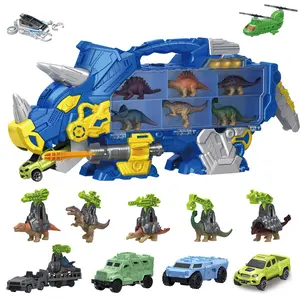 Triceratops Dinosaur Toys with 6 Mini Dinosaurs & Removable Accessories, 5 Car Toys, Portable Carry Handle, Visible Storage, Transport Carrier Truck Educational Toy for Kids Ages 3+, Blue