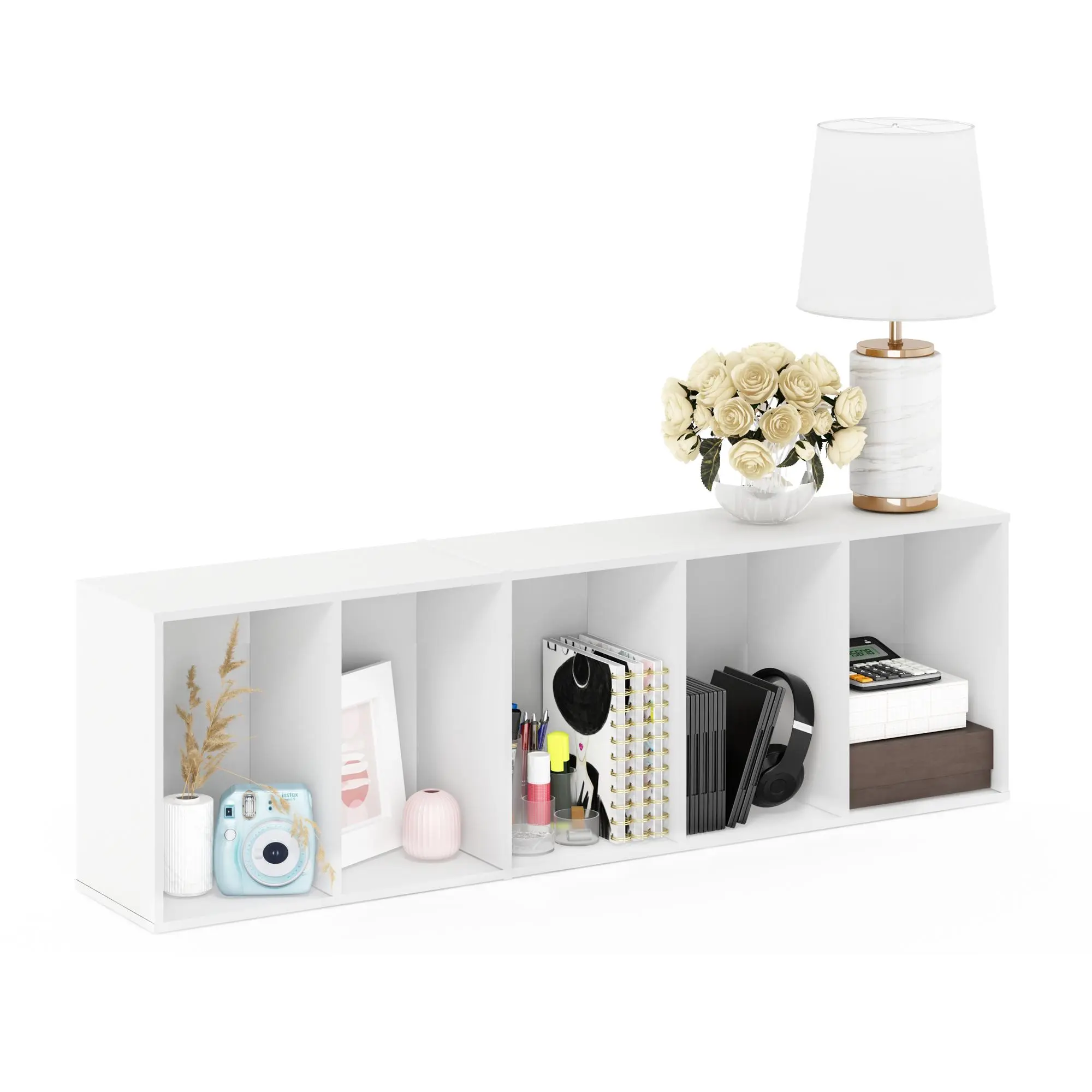 LUDER 5-Cube Open Horizontal Floor Mount Bookshelf Rack, Modern Indoor Furniture, 9.4x15.8x52 in Space Saving Shelf Organizer, White Storage Unit for Bedroom Room Decor