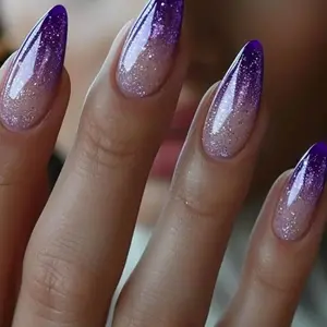 24pcs Long Almond Fake Nails, Nail Art, Deep Gradient Nude Glitter, Reusable, Beginner Friendly, Includes Jelly Glue and Nail File