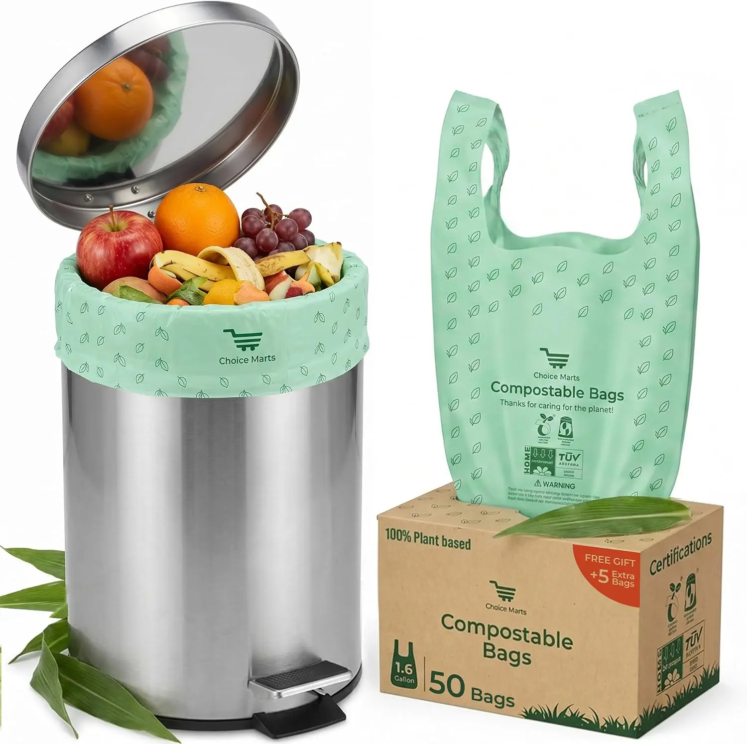 Compostable Small Trash Bags 1.6 Gallon, 50 Count with Easy Tie Handles, Leak Resistant Compostable Kitchen Trash Bags for Countertop Compost Bin