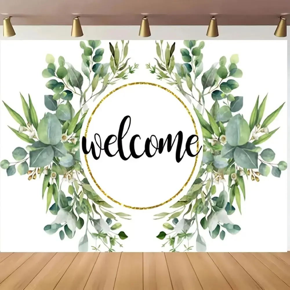 1pc 2D Flat Flower Banner - Elegant Green & Golden Floral Polyester Banner, Home & Festive Party Supplies for Housewarming, Birthday Backdrops, Flat Banner