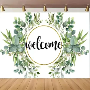 1pc 2D Flat Elegant Green & Golden Floral Welcome Banner - Polyester, " or " - Perfect for Housewarming, Family Gatherings & Homecoming Parties
