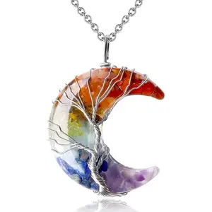 1pc 7 Chakra Crystal Necklace with Tree of Life Wire-Wrapped Crescent Moon Pendant - Colorful Natural Resin Gemstones, Reiki Spiritual Jewelry Gift for WomenThe perfect gift choice.