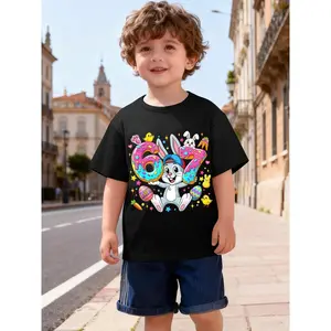 67 Six Seven Meme 6 7 Cute Rabbit Bunny Easter Day Novelty Awesome Graphic Kids' Quick Dry Moisture-Wicking T-Shirt, Breathable Lightweight Athletic Tee for Boys Outdoor Sports