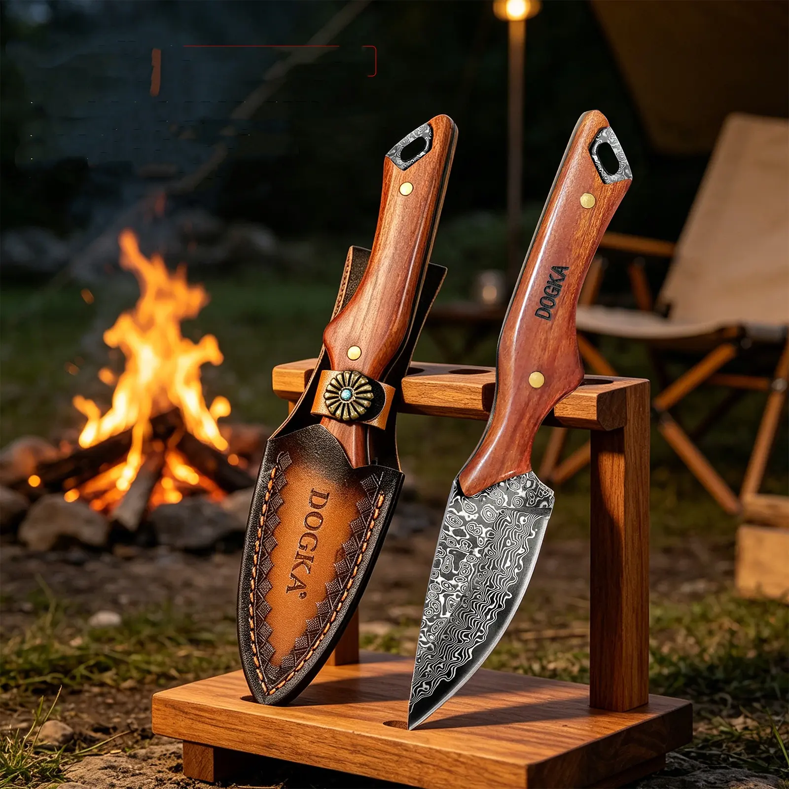 DOGKA Damascus Steel Utility Knife, Handmade Sharp Chef Knife with Solid Wood Handle & Leather Sheath, Multi-Purpose Kitchen & Outdoor Knife for Cutting Bread, Cheese, Fruit, Camping, BBQ