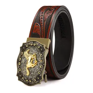 Men’s leather automatic ratchet belt paired with a distressed silver buckle featuring an embossed gold horse motif; the belt body is adorned with a floral embossing pattern — an excellent gift for Valentine’s Day and Father’s Day. summerwins