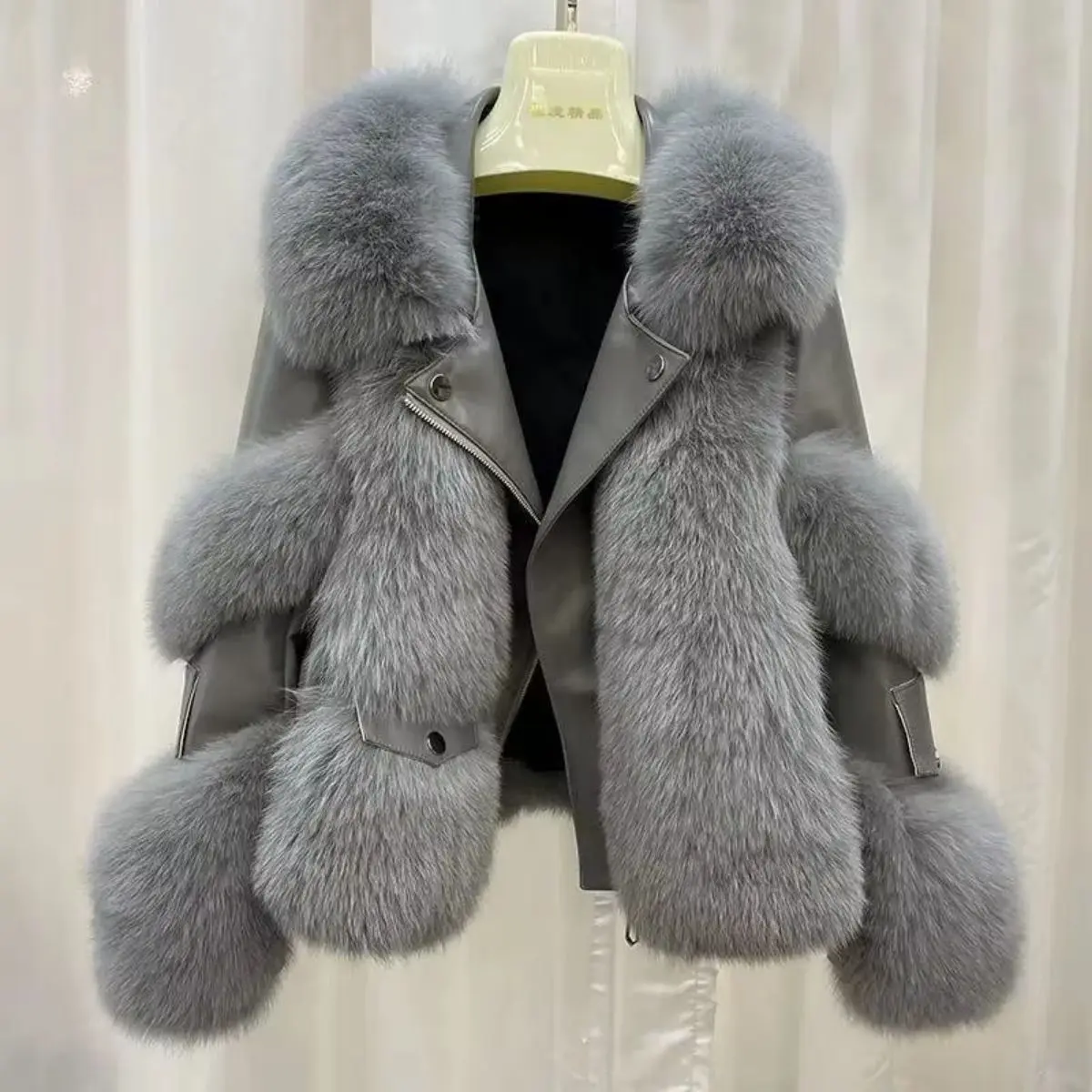 TRNDY LAB Winter Women's Leather Faux Fur Jacket Spliced Zipper Fly Fluffy Faux Fur Coat For Lady Plush Fluffy Female Artificial Fur Coat women