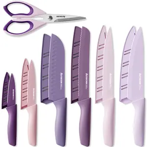 【Valentines Day】Astercook 7-Piece Purple Kitchen Knife Set, Stylish Anti-Rust Coated Stainless Steel Knives, Dishwasher Safe