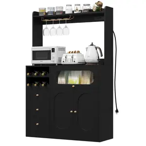 Kitchen Pantry Storage Cabinet with Hutch, Buffet Sideboard with Storage, Coffee Bar Cabinet with Power Outlets, Microwave Stand, Wine Racks, Kitchen Cupboard for Dining & Living Room, Black