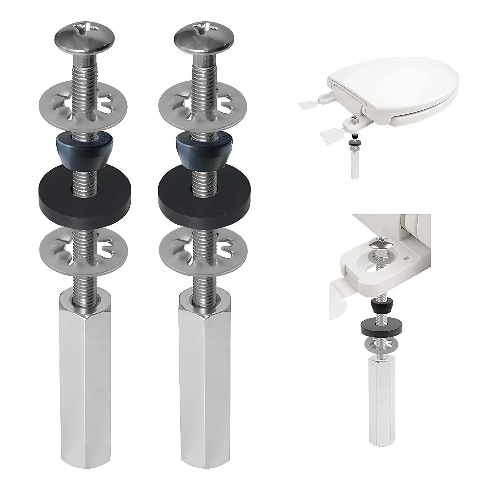 Universal Toilet Seat Bolts Kit, Stainless Steel Toilet Seat Screws with Long Lock Nuts, Rubber Washers & Metal Washers, Toilet Seat Mounting Hardware Replacement, Fits Most Standard Toilets