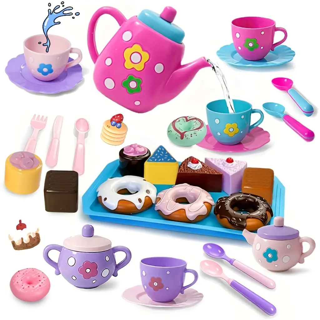 Princess Tea Party Pretend Play Set - Plastic Mini Kitchen Playset with 1 Decorative Teapot, Cups for 18 Months+ Toddler Girls' Small Hands, Imaginative Birthday & Easter Gift